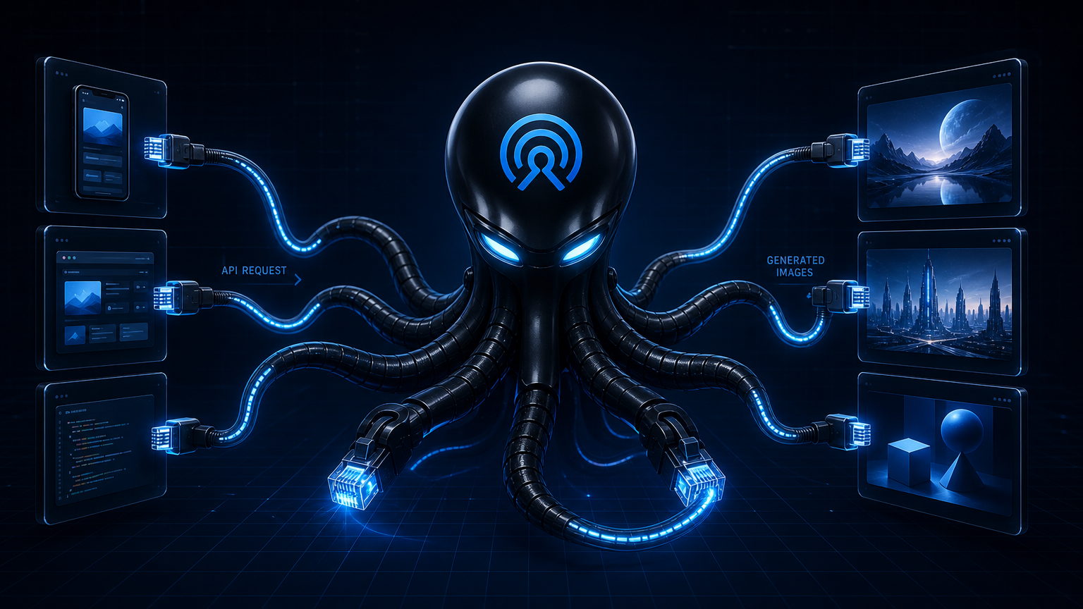 Sleek black octopus with glowing blue cable-tentacles routing API requests from app interfaces into generated image outputs, developer infrastructure aesthetic, clean tech grid background
