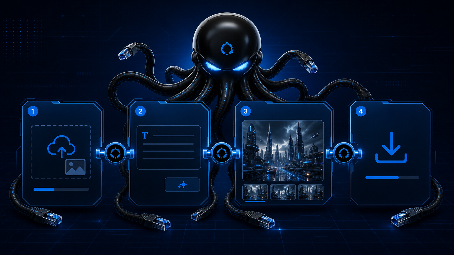 Structured blue image editing workflow showing upload, prompt input, AI preview, and download stages, octopus connector nodes between steps, clean tech aesthetic