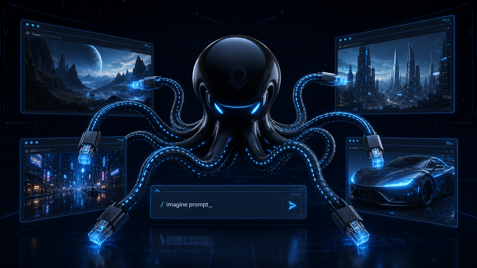Sleek black octopus with glowing blue cable-tentacles creating images from text prompts in a futuristic browser interface, dark tech aesthetic