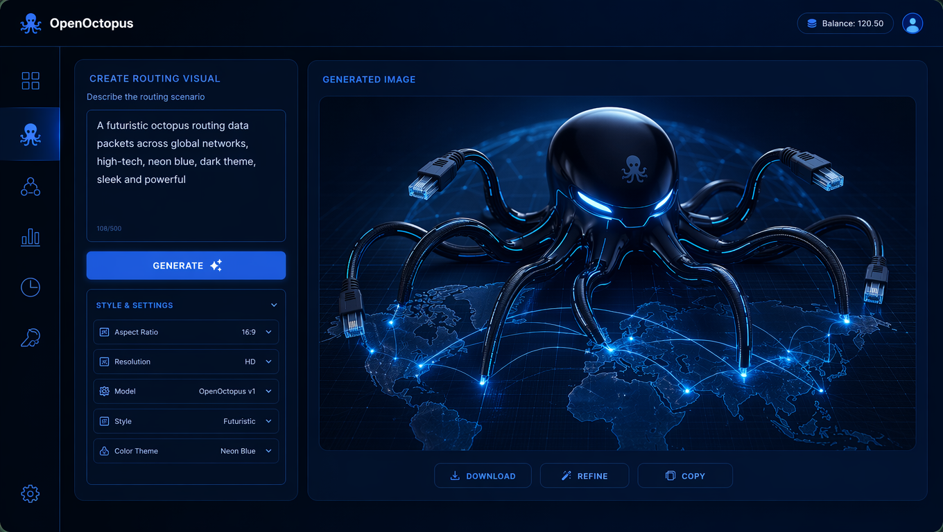 Clean blue browser interface showing text prompt input and generated image preview, octopus routing visual, futuristic SaaS aesthetic