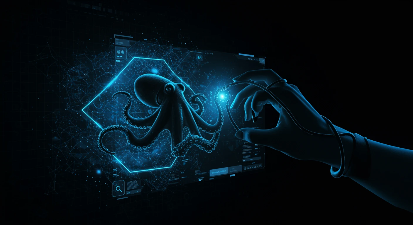 Dark background with glowing blue neural network nodes forming overlapping image frames, sleek black octopus with bioluminescent cable-tentacles manipulating visual layers through holographic editing interface, futuristic high-tech aesthetic, cool blue and black color palette