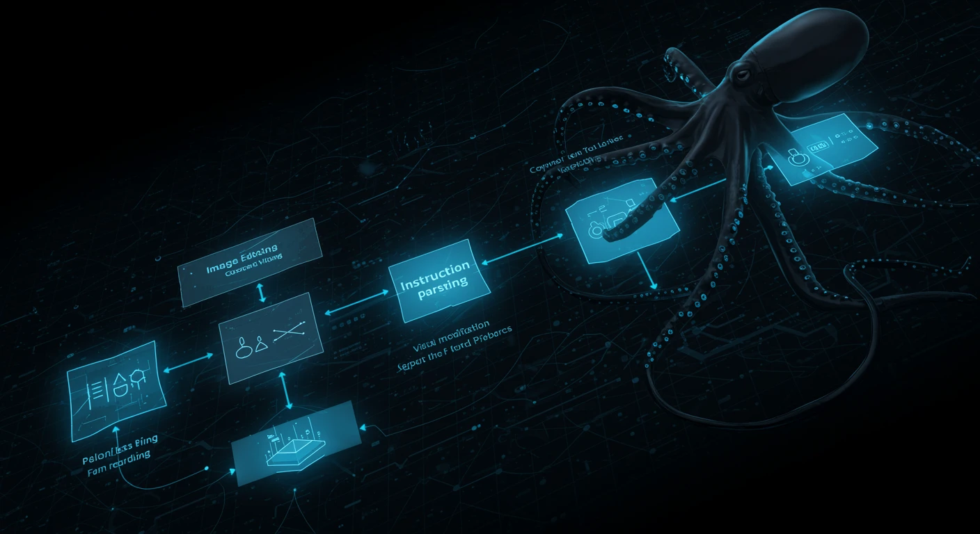 Technical diagram showing image editing pipeline stages with encoding, instruction parsing, visual modification and blending layers, deep dark background with blue glowing connection lines and subtle tech grid patterns, sleek black octopus with illuminated cable-tentacles overseeing the pipeline, futuristic high-tech aesthetic, cool blue and black color palette