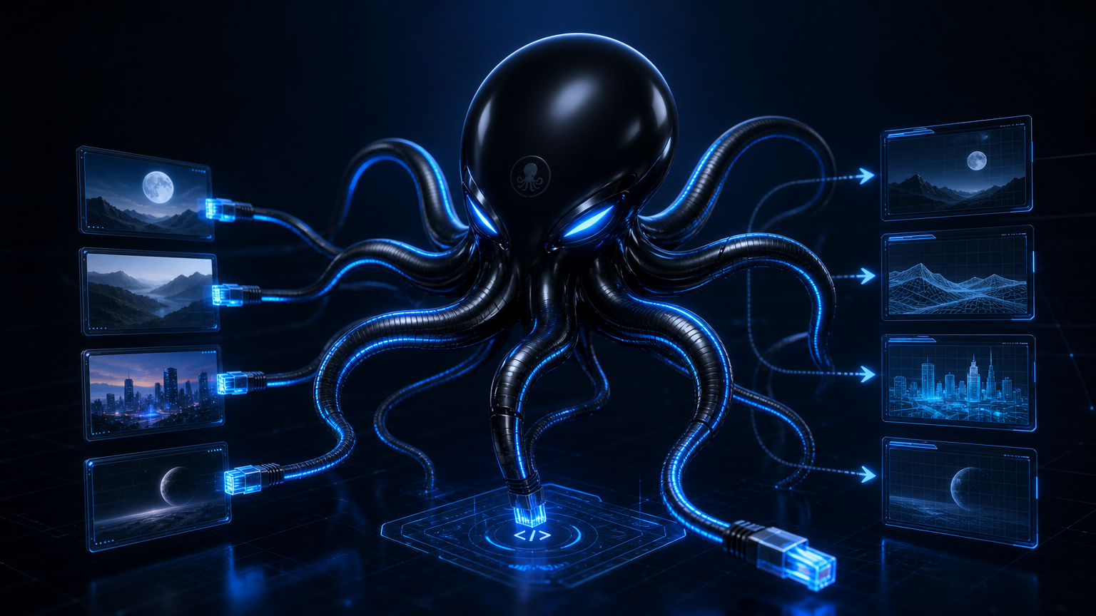Sleek black octopus with glowing blue cable-tentacles routing source images through automated image-to-image API workflow, futuristic infrastructure aesthetic