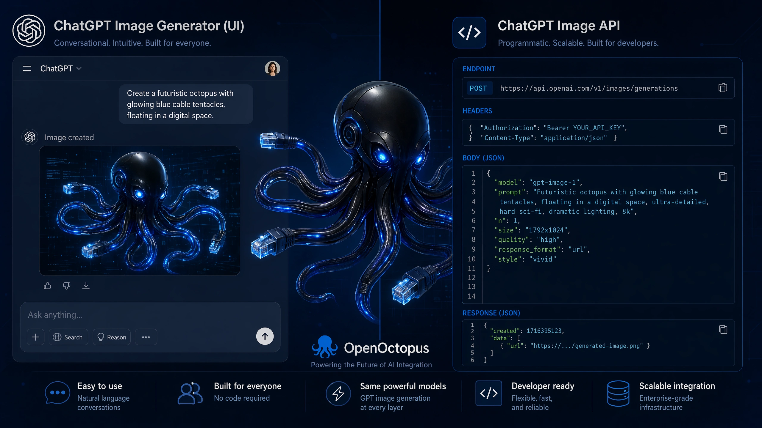 Split-screen visual comparing ChatGPT image generator UI and API prompt interfaces, sleek black octopus with glowing blue cable-tentacles, futuristic tech aesthetic