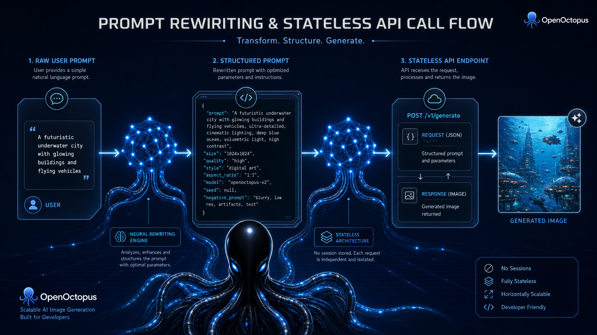 Diagram showing prompt rewriting and stateless API call flow, blue neural network nodes, clean tech aesthetic