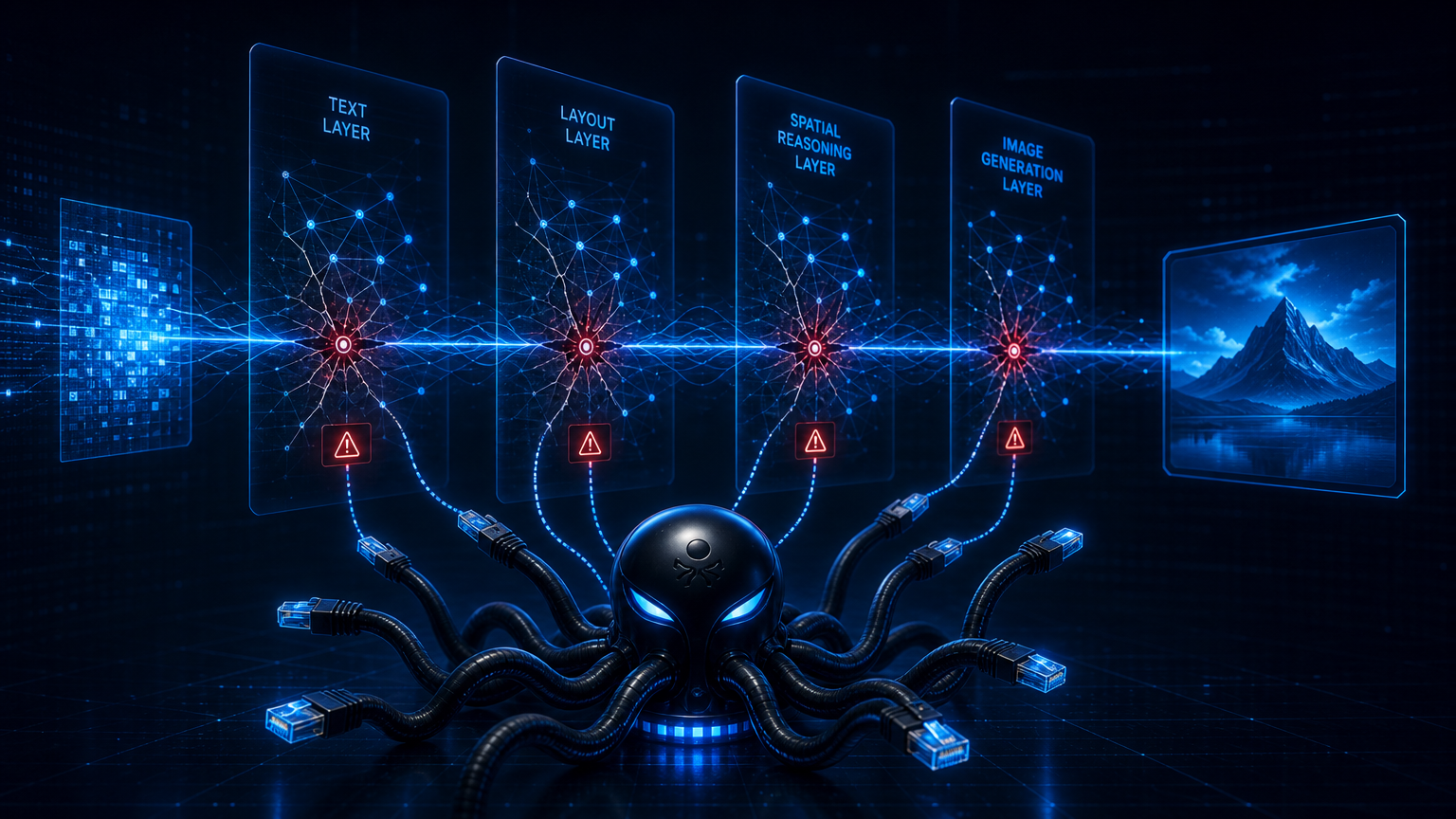 Abstract blue neural network visualization showing an image generation pipeline with fracture points at text, layout, and spatial reasoning layers, octopus routing nodes detecting failures, technical diagnostic aesthetic