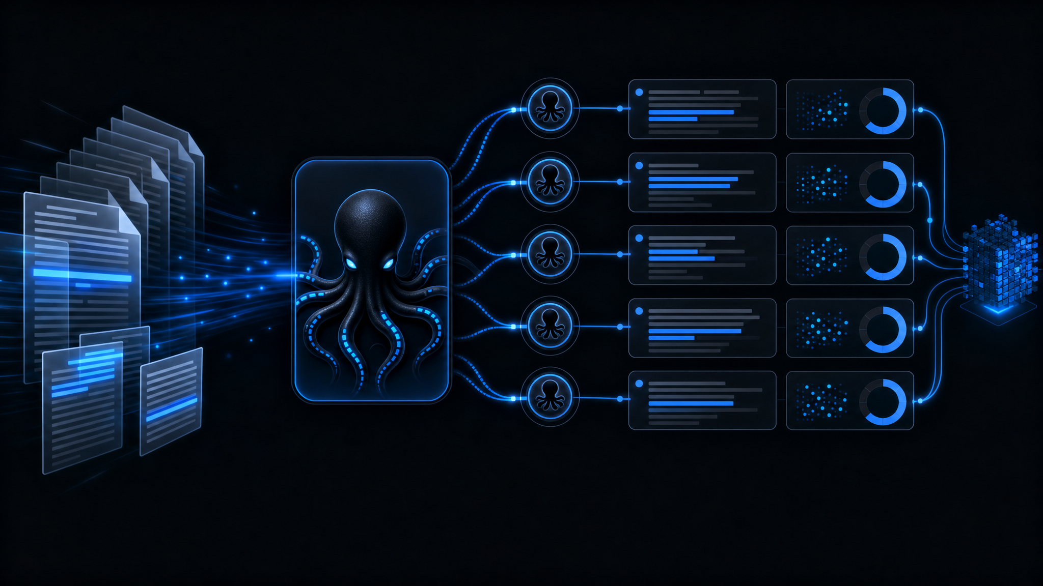Clean blue document analysis workflow diagram showing text inputs flowing through detection engine with sentence highlighting and probability scoring, octopus routing nodes, futuristic SaaS aesthetic