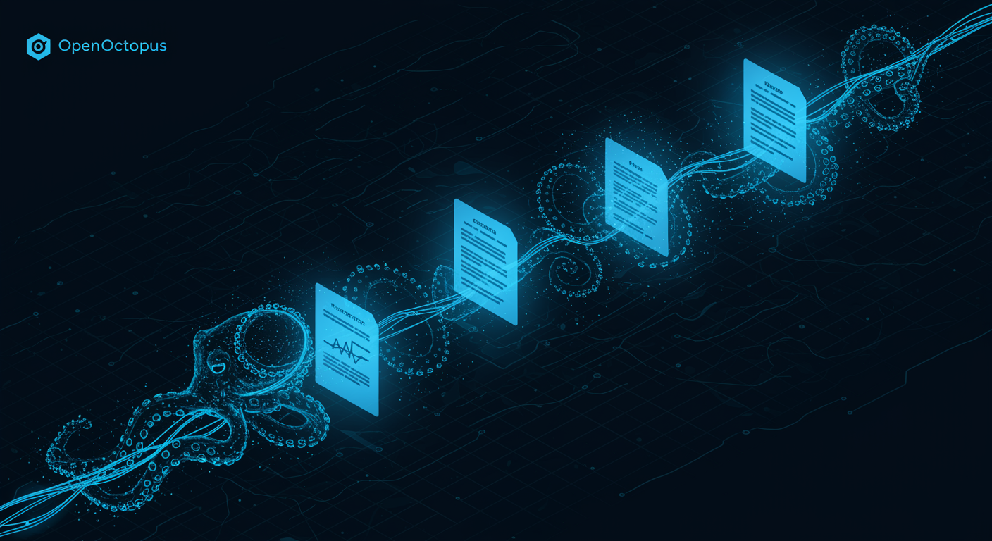 Abstract blue forensic text analysis pipeline showing document streams being scanned for AI signature patterns, octopus cable-tentacles analyzing linguistic pathways, futuristic tech aesthetic