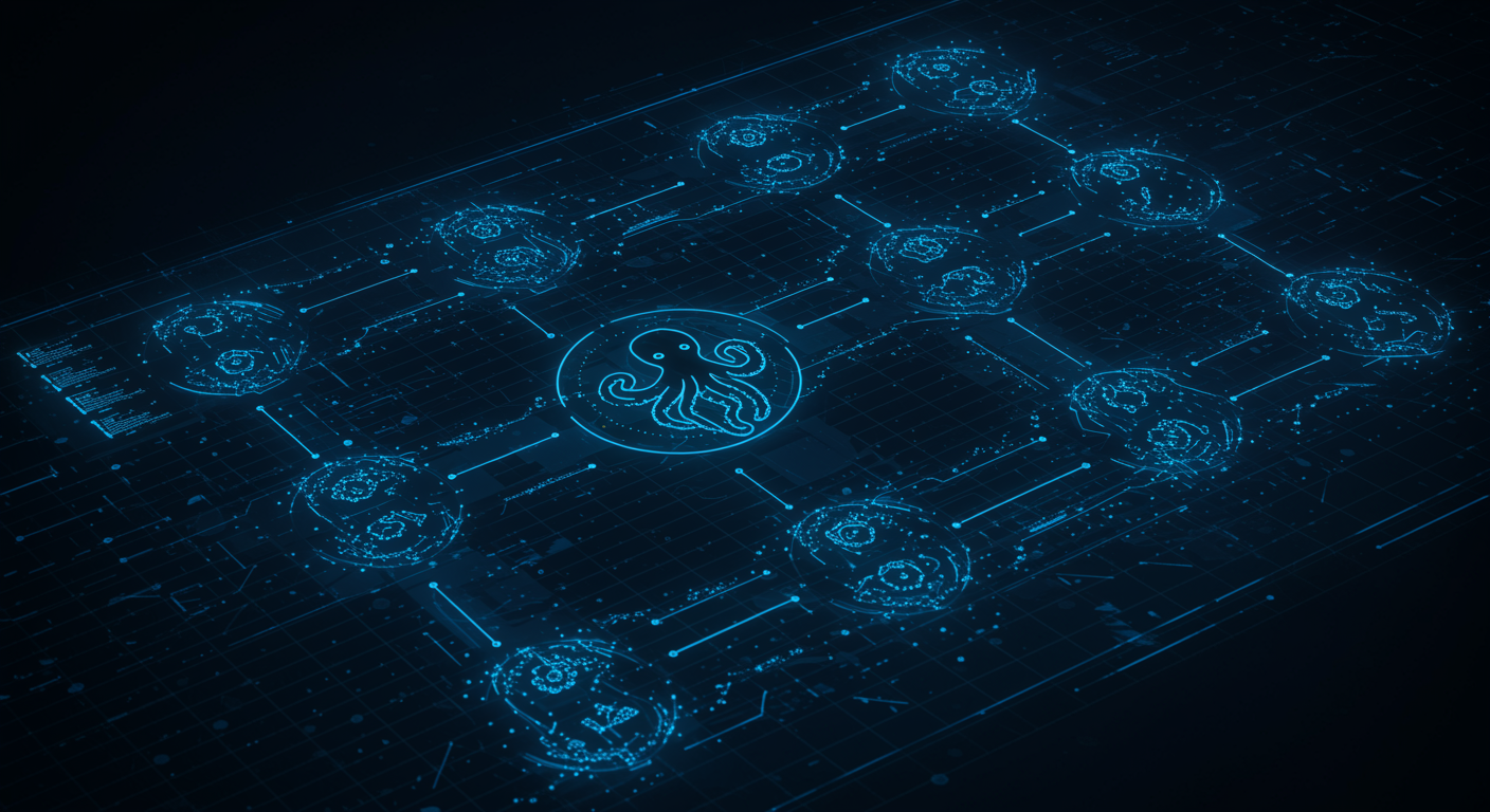 Structured blue AI detection workflow diagram showing text analysis pipeline with octopus scanning nodes, technical infrastructure aesthetic
