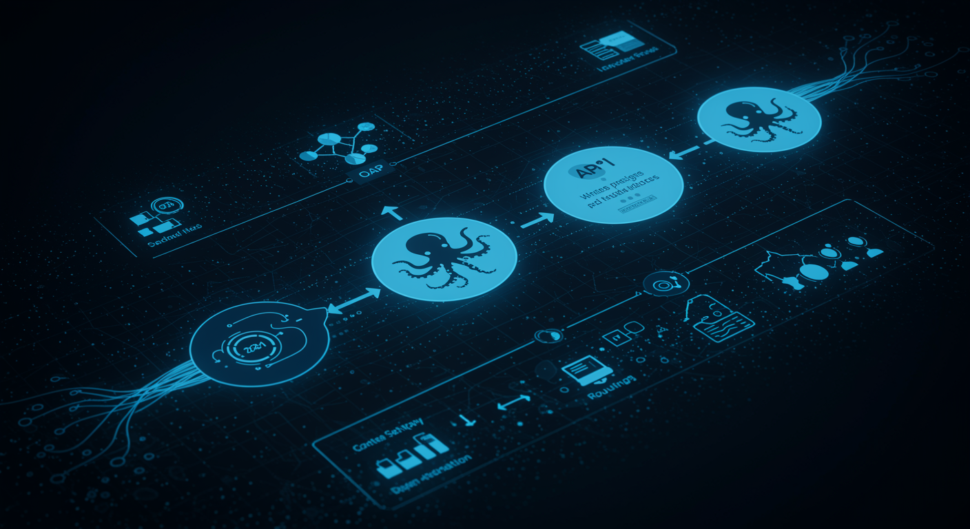 Clean blue API integration flow diagram showing content submission, analysis, and routing with octopus nodes, developer infrastructure aesthetic