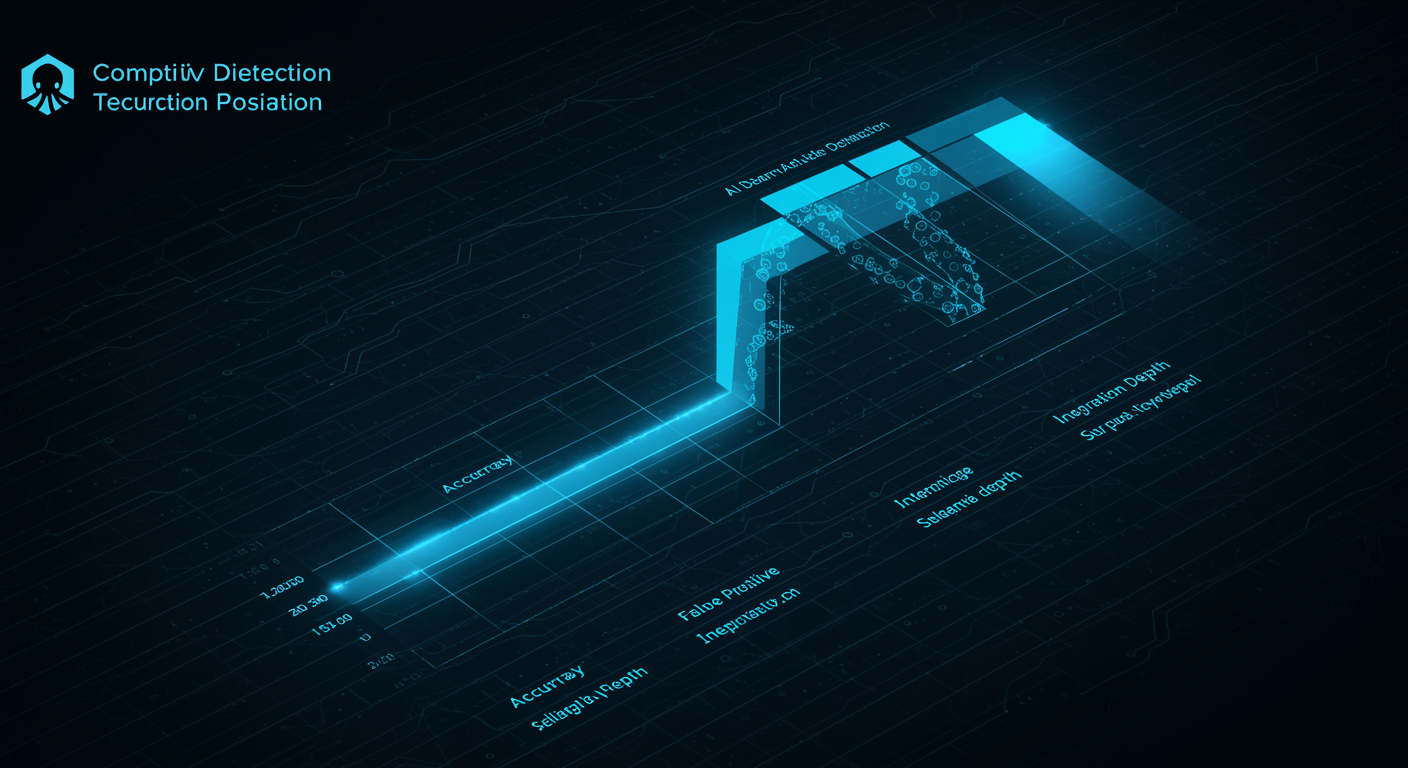 Clean blue competitive detection matrix showing AI detector positioning across accuracy, false positive rate, and integration depth, octopus brand visual elements, data-driven aesthetic