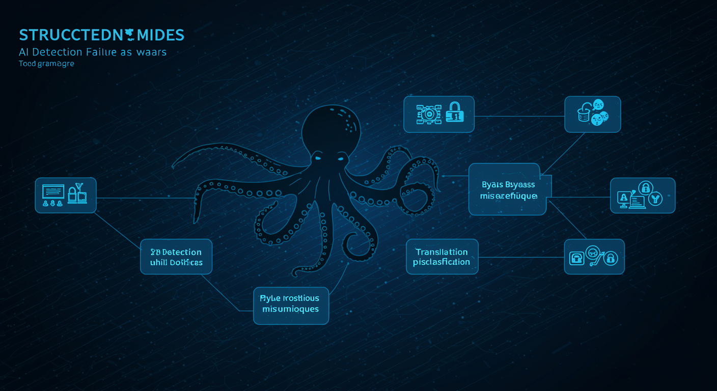 Structured blue warning network showing AI detection failure modes across false positives, bypass techniques, and translation misclassification, octopus connector nodes highlighting risk points, technical risk visualization