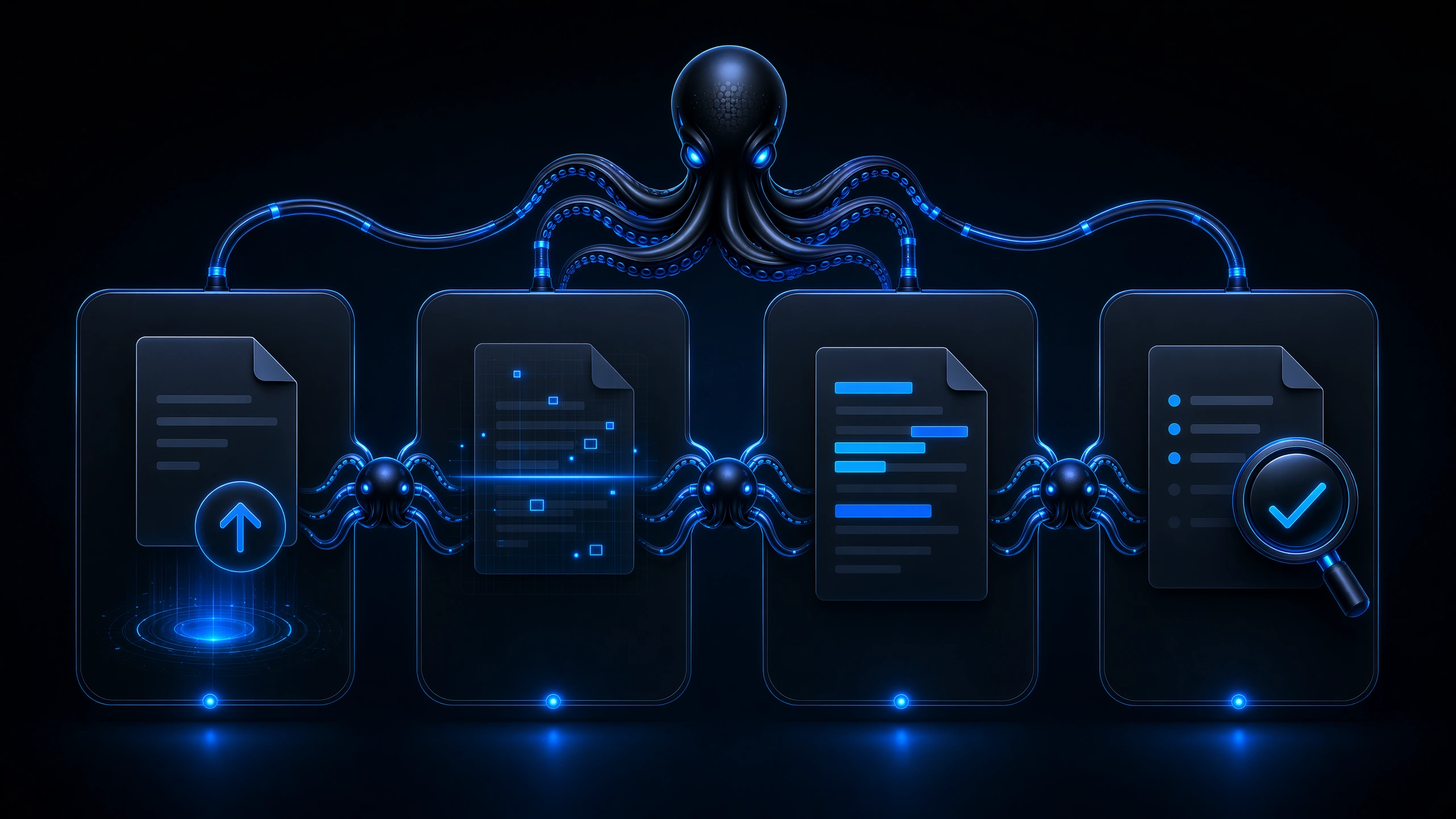 Structured blue four-step analysis workflow showing text upload, detection processing, sentence highlighting, and report review stages, octopus connector nodes between steps, clean tech aesthetic