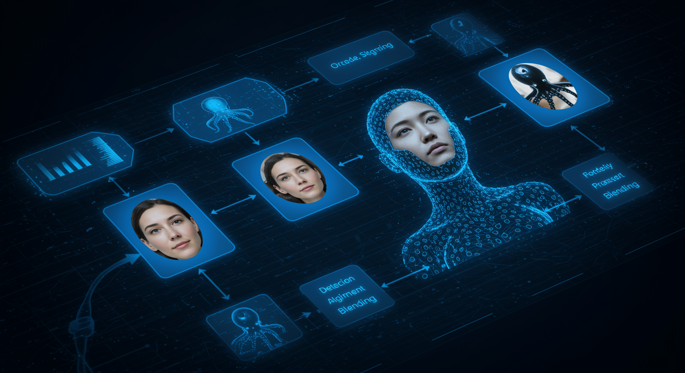 Structured blue face swap pipeline diagram showing detection, alignment, transfer and blending stages with octopus routing nodes, technical infrastructure aesthetic