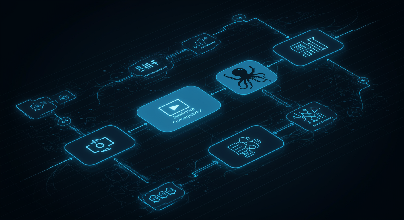 Clean blue API integration flow diagram showing image submission, async processing, and result delivery with octopus connector nodes, developer infrastructure aesthetic