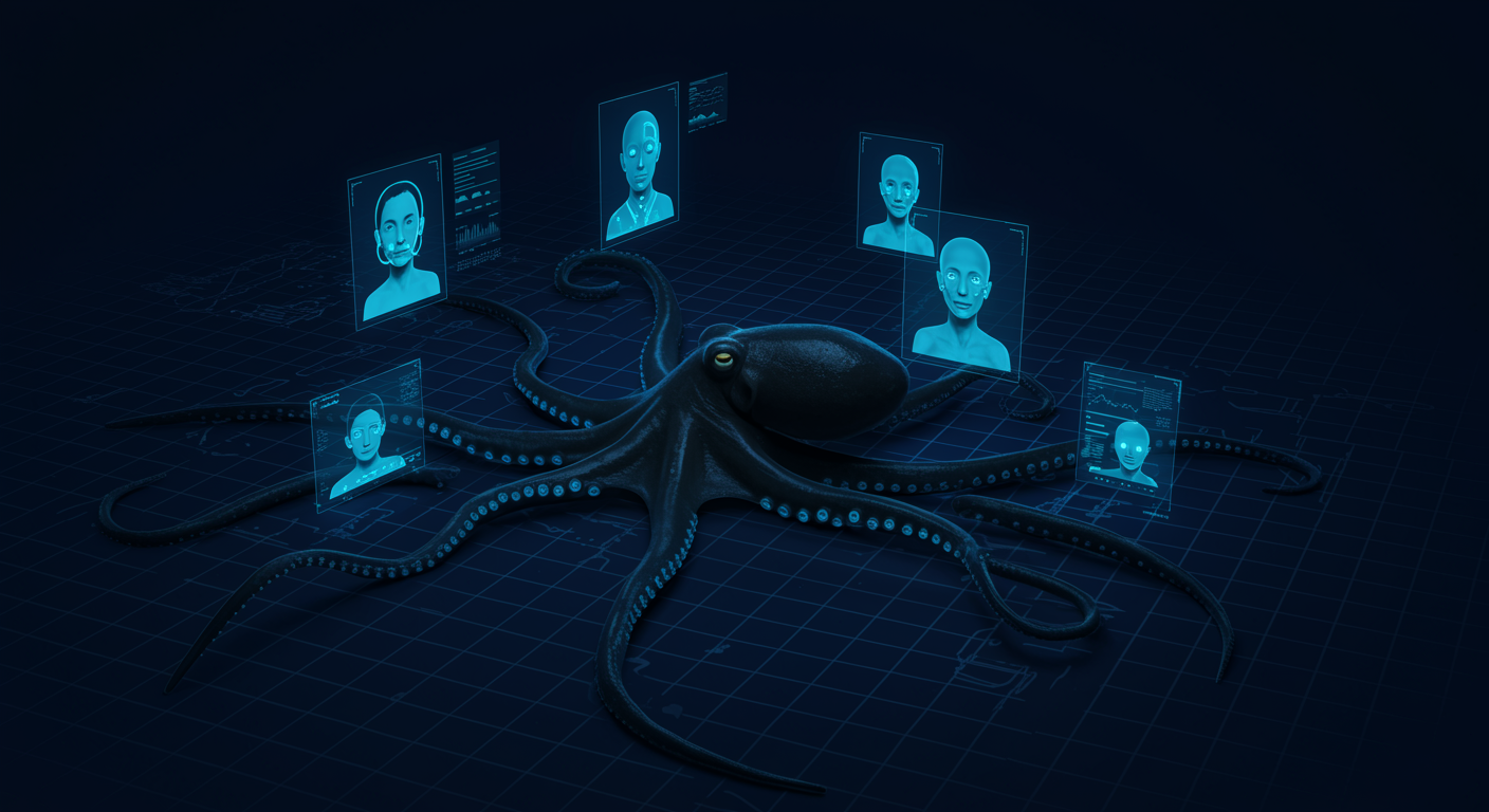 Dark background with glowing blue neural network nodes forming a face silhouette, black octopus with bioluminescent tentacles integrated into the facial mapping grid, futuristic tech aesthetic