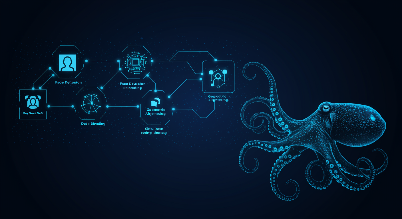 Technical diagram showing face swap pipeline stages with landmark detection, identity encoding, and blending layers, dark background with blue glowing connection lines, black octopus with illuminated tentacles overseeing the pipeline, futuristic tech aesthetic