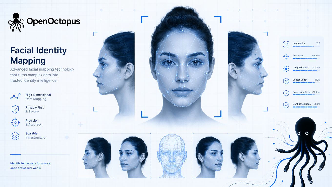 Abstract blue facial identity mapping overlay on portrait grid, light tech grid background