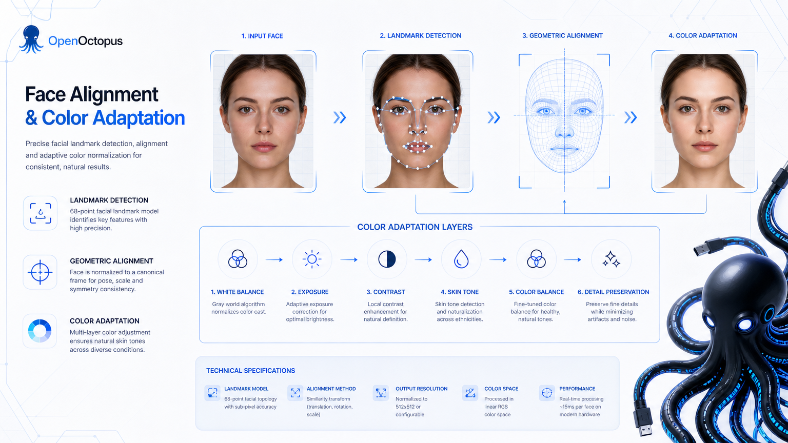 Technical face alignment diagram with landmark points and color adaptation layers, futuristic tech aesthetic