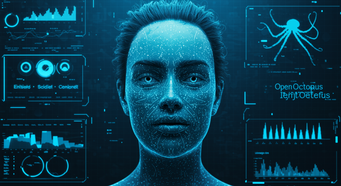 Abstract blue facial landmark mapping and identity alignment overlay on portrait grid, light tech aesthetic