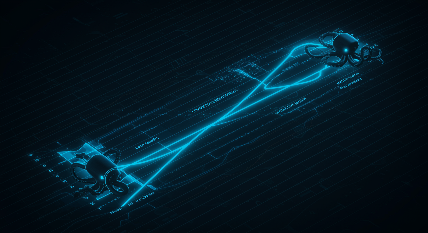 Clean blue competitive speed-quality matrix showing fast image models positioned across latency and fidelity axes, octopus brand visual elements, data-driven aesthetic