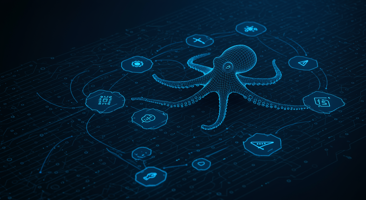Structured blue warning network showing fast inference failure modes and quality degradation paths, octopus connector nodes highlighting risk points, technical risk visualization