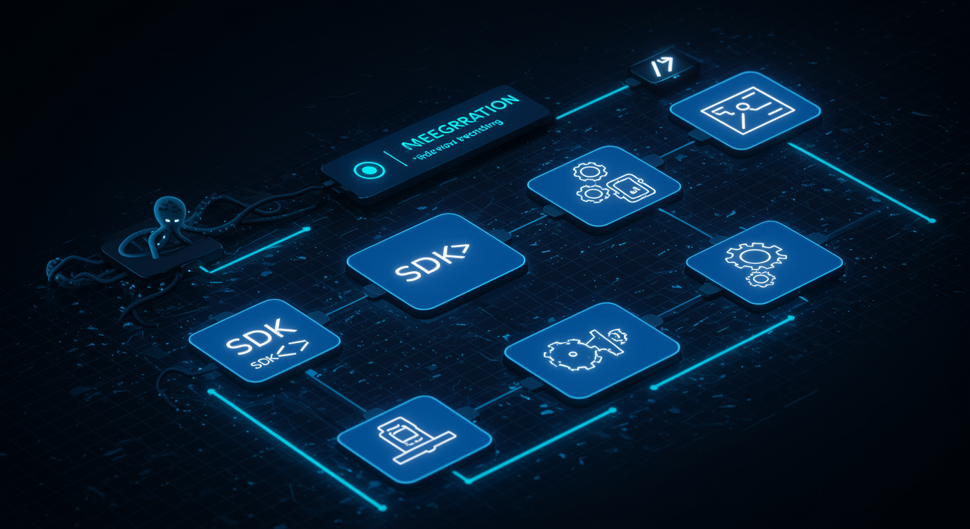 Structured blue four-step workflow diagram showing prompt input, format selection, generation, and download stages, octopus connector nodes between steps, clean tech aesthetic