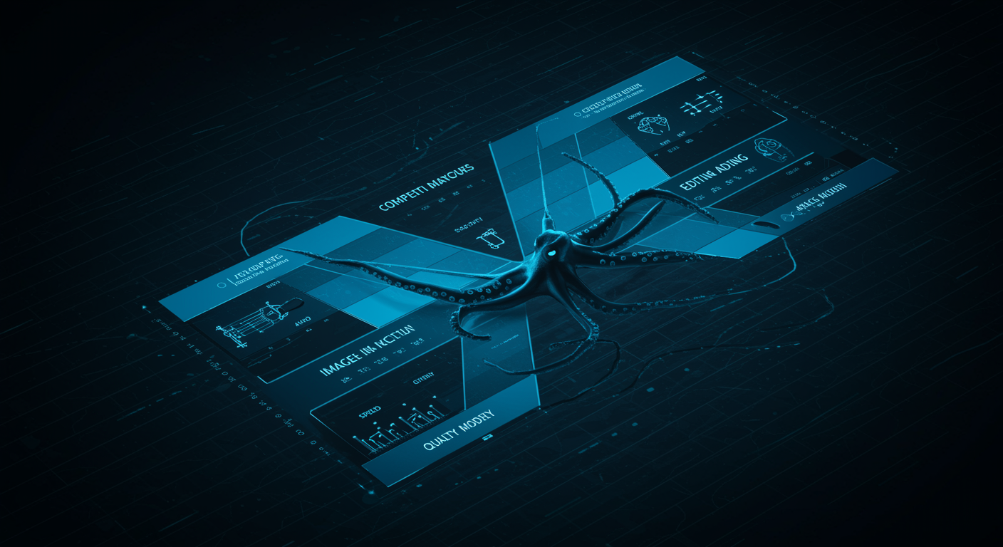 Clean blue competitive landscape matrix showing image model positioning across quality, speed, editing, and API dimensions, octopus brand visual elements, data-driven aesthetic