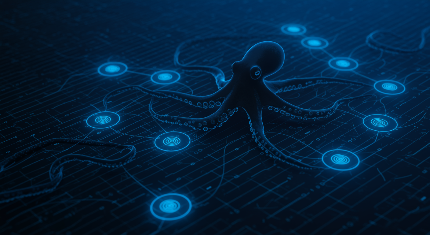 Structured blue warning network showing production engineering risks for image generation pipelines, octopus connector nodes highlighting failure points, technical risk visualization