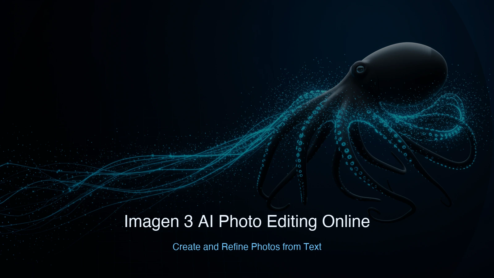 Creative photo editing interface with sleek black octopus routing glowing prompts into polished generated photographs, futuristic blue tech workspace