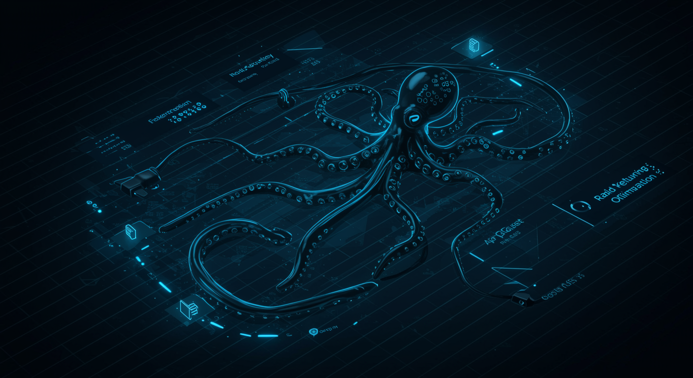 Clean blue fast API latency optimization diagram showing rapid request routing through OpenOctopus, infrastructure visualization with octopus nodes