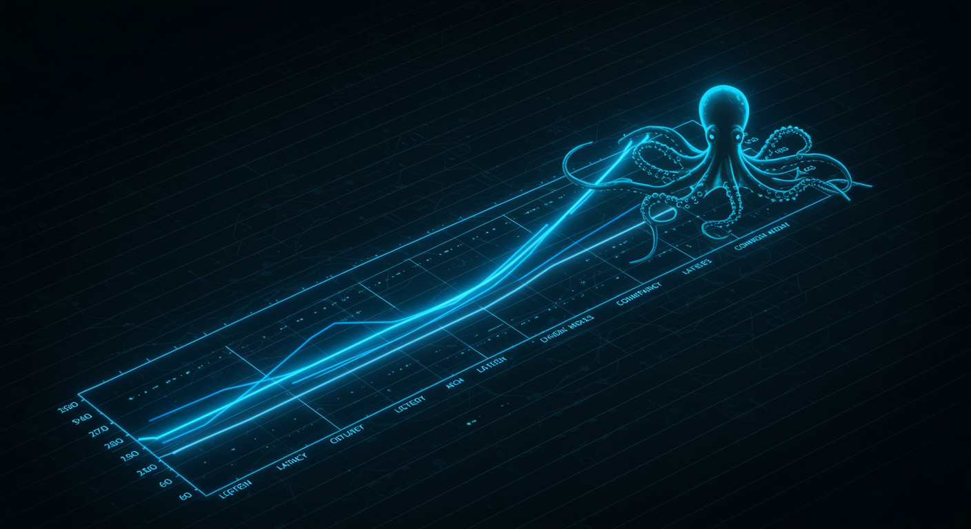 Clean blue competitive speed-throughput matrix showing fast image models positioned across latency and concurrency axes, octopus brand visual elements, data-driven aesthetic