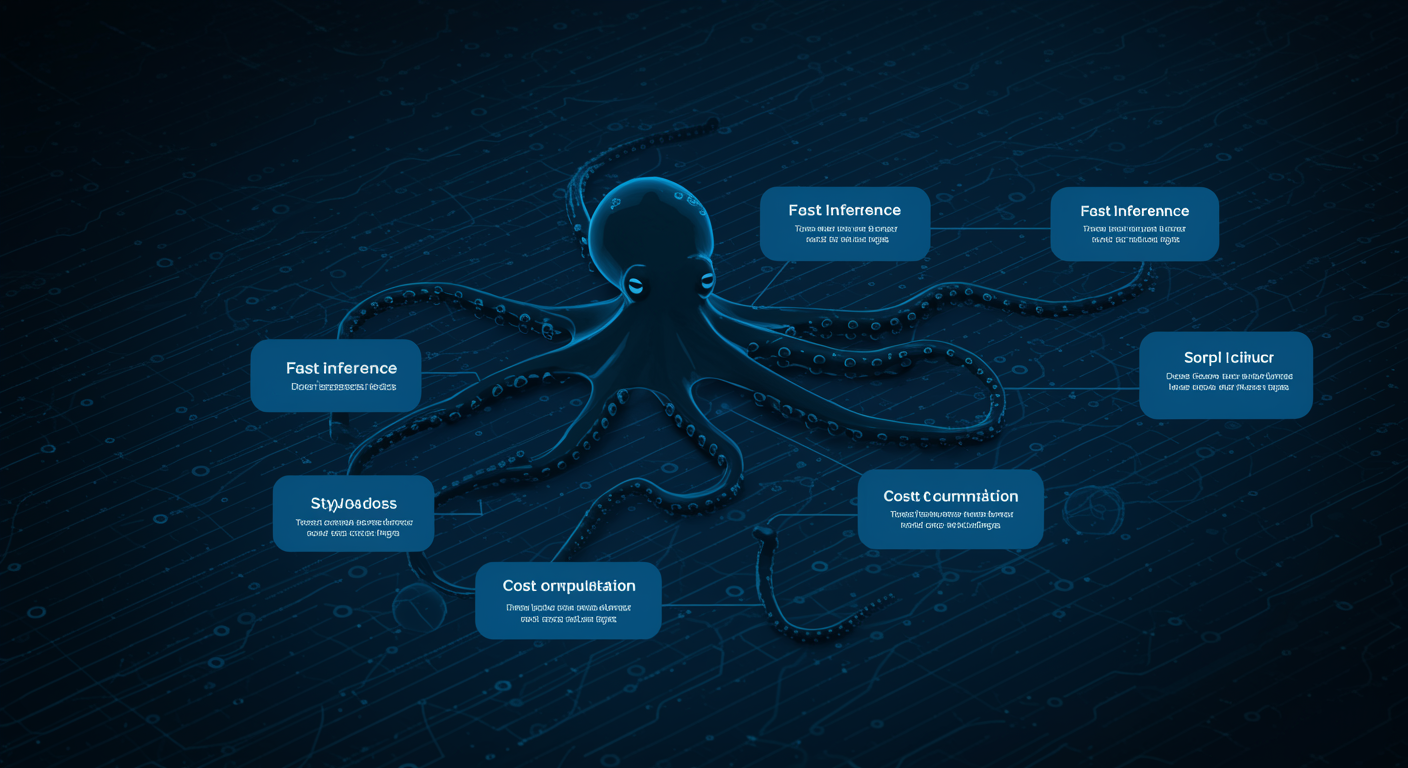 Structured blue warning network showing fast inference failure modes across detail loss, style drift, and cost accumulation, octopus connector nodes highlighting risk points, technical risk visualization