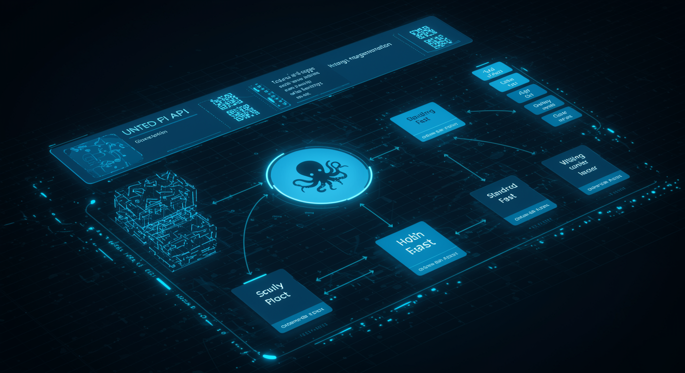 Clean blue unified API pipeline diagram showing text prompts flowing into high-quality image generation, octopus routing nodes distributing requests across Standard, Fast, and Ultra variants, technical infrastructure aesthetic