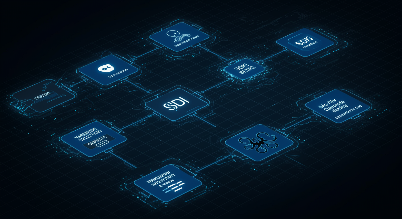 Structured blue integration workflow diagram showing variant selection, SDK setup, and response handling, technical developer aesthetic
