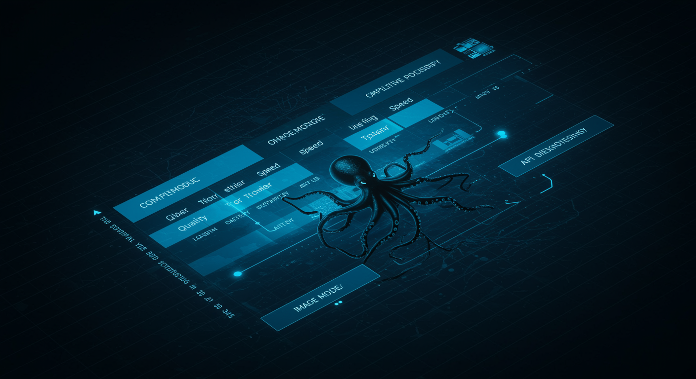 Clean blue competitive landscape matrix showing image model positioning across quality, typography, speed, and API dimensions, octopus brand visual elements, data-driven aesthetic