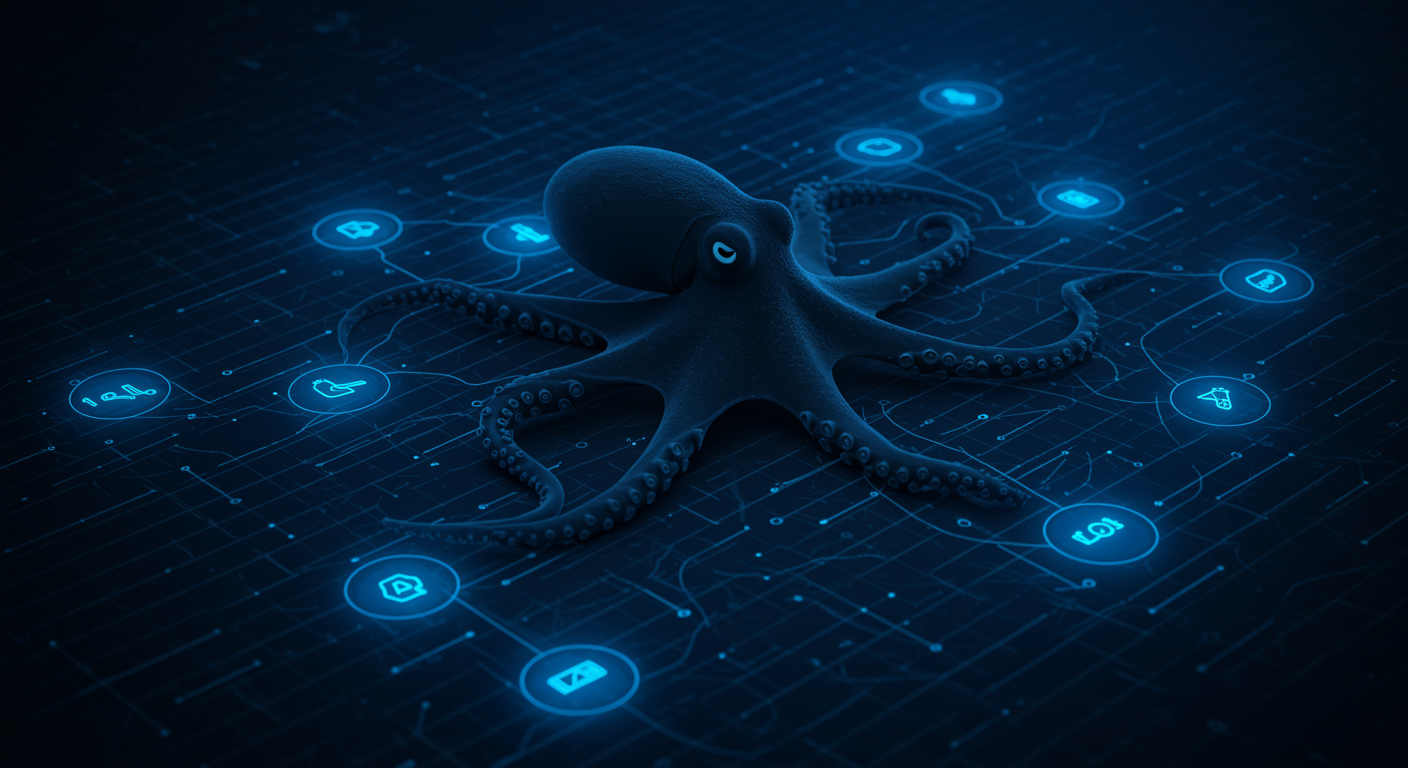 Structured blue warning network showing production engineering risks for next-generation image generation, octopus connector nodes highlighting failure points across typography, editing, and quality dimensions, technical risk visualization