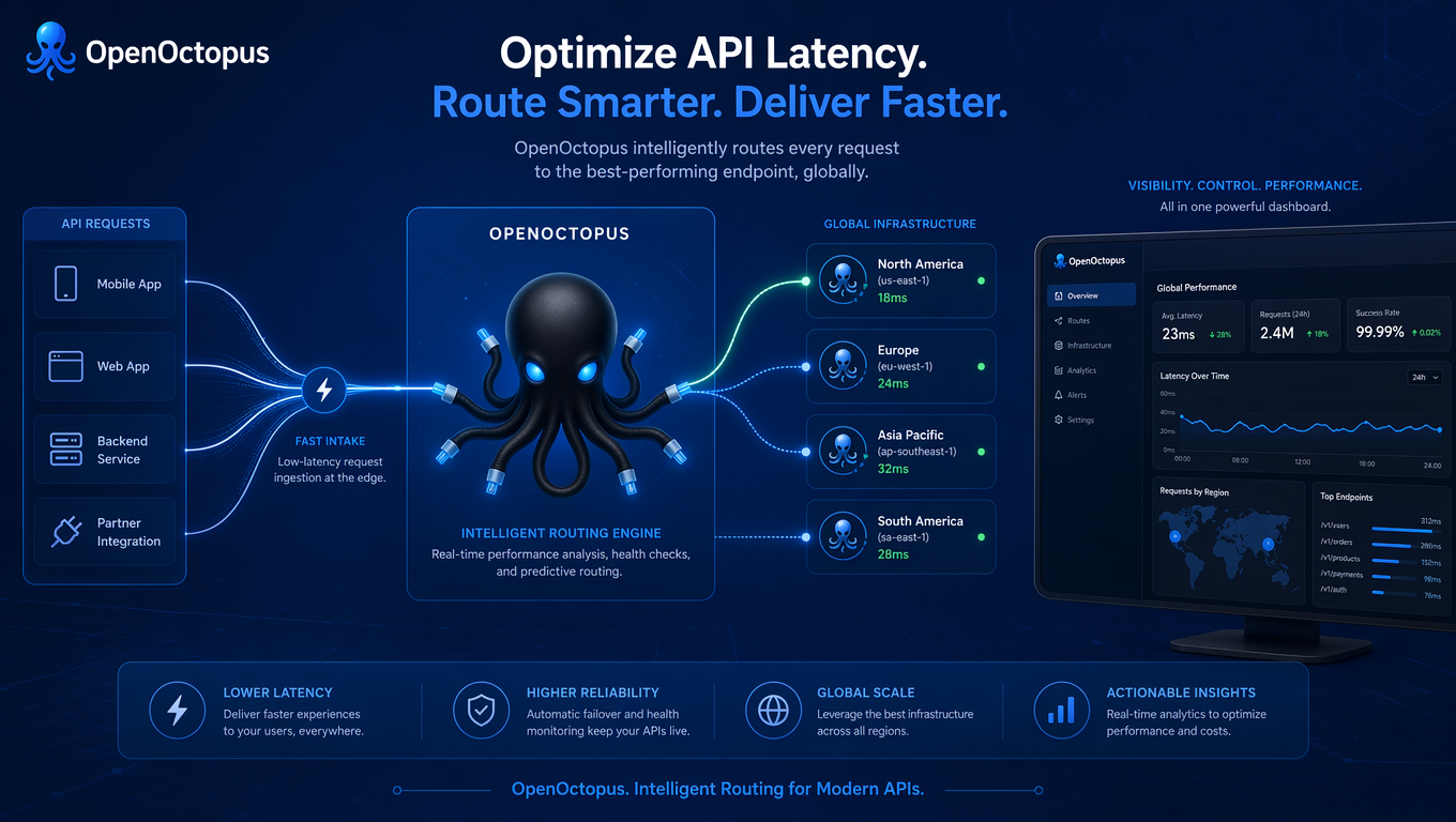 Clean blue API latency optimization diagram showing fast request routing through OpenOctopus, infrastructure visualization with octopus nodes