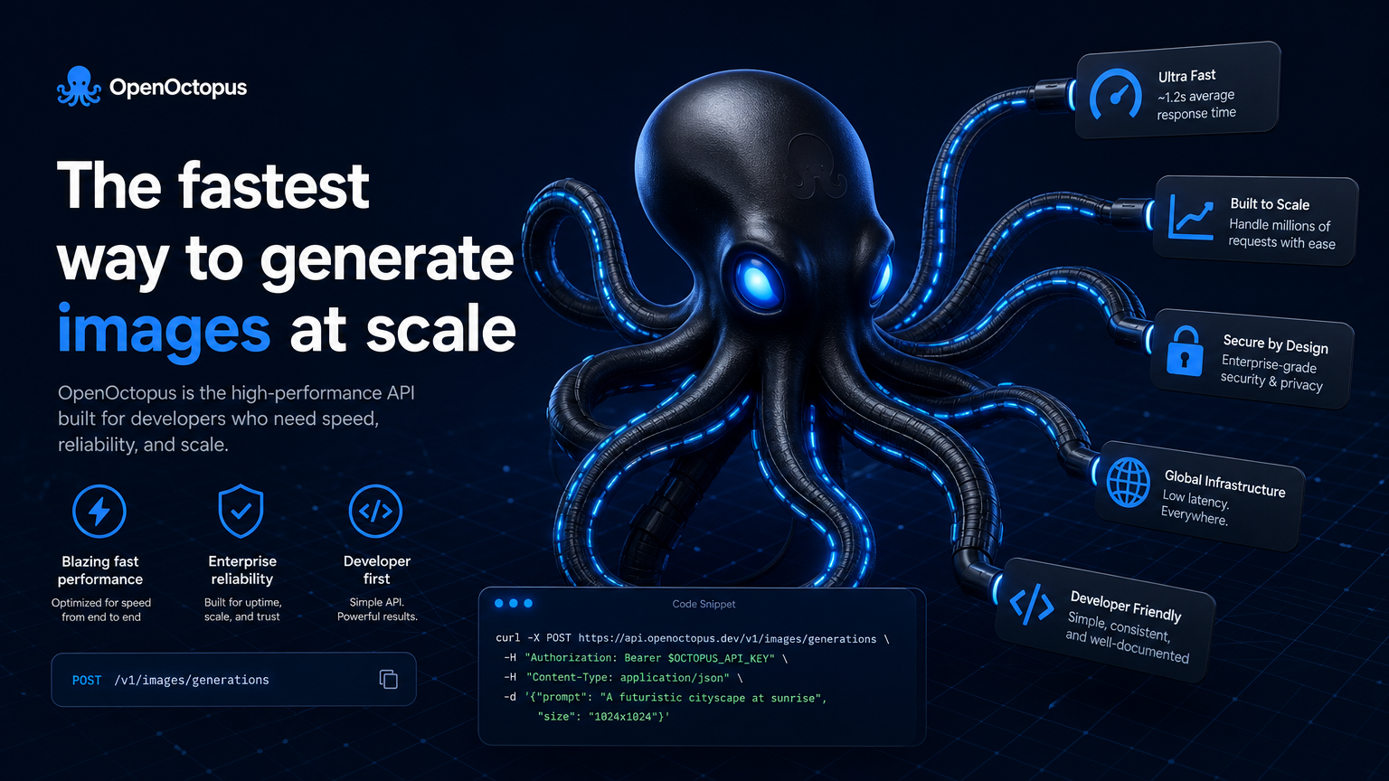 Sleek black octopus with glowing blue cable-tentacles routing fast image generation API requests, futuristic OpenOctopus tech infrastructure aesthetic