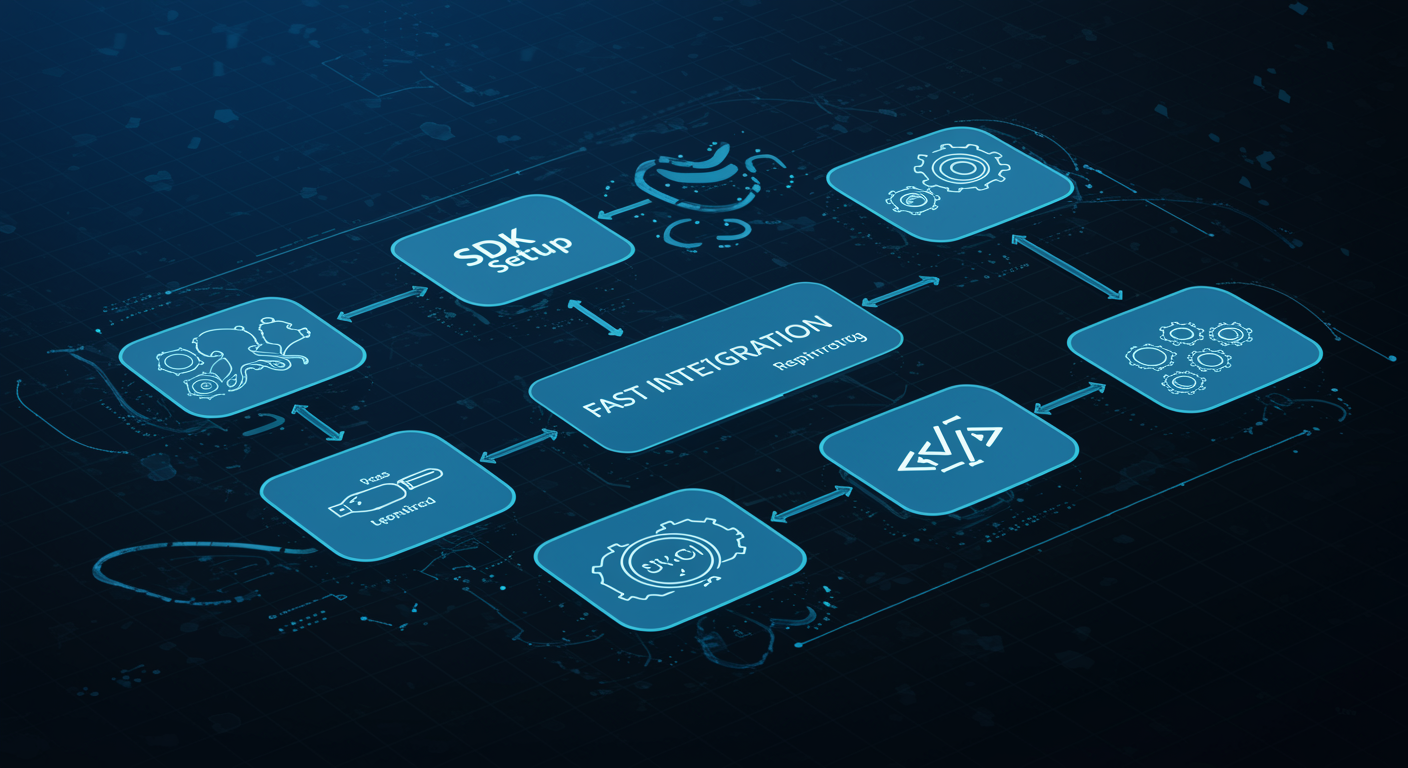 Structured blue fast integration workflow diagram showing SDK setup, request routing, and response handling, technical developer aesthetic