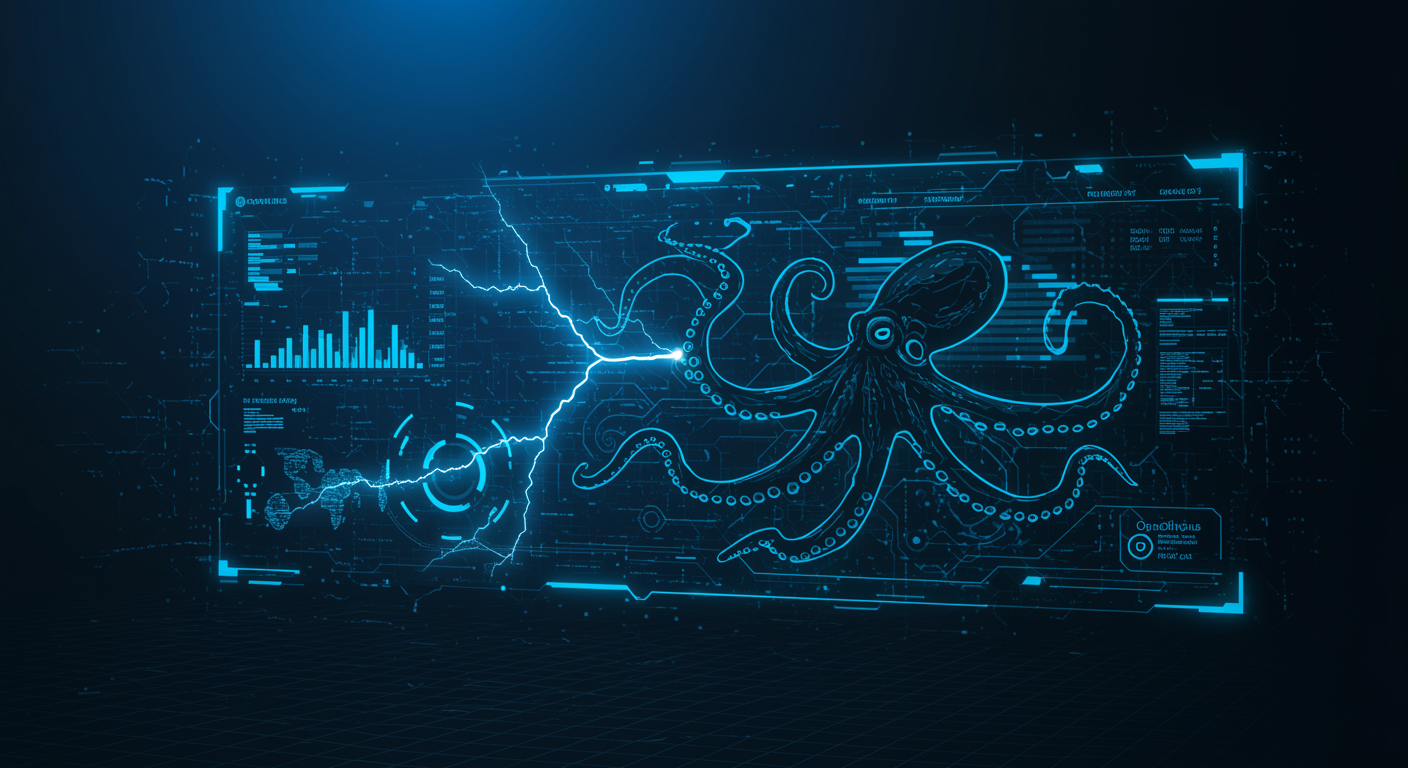 Abstract blue fast image generation interface showing lightning-speed processing with octopus routing visual, futuristic tech aesthetic