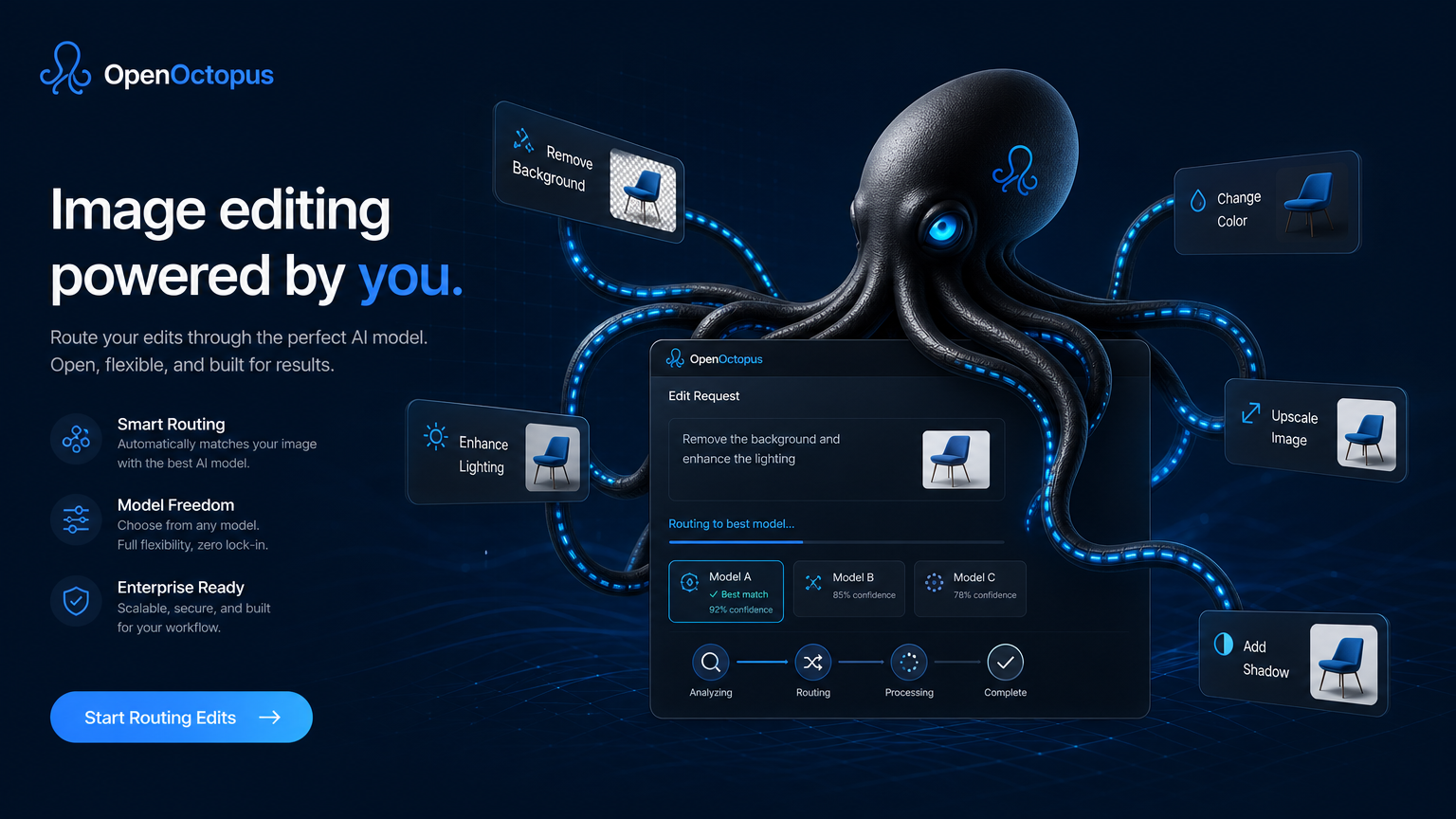 Sleek black octopus with glowing blue cable-tentacles routing online image editing requests through futuristic OpenOctopus interface, clean tech aesthetic