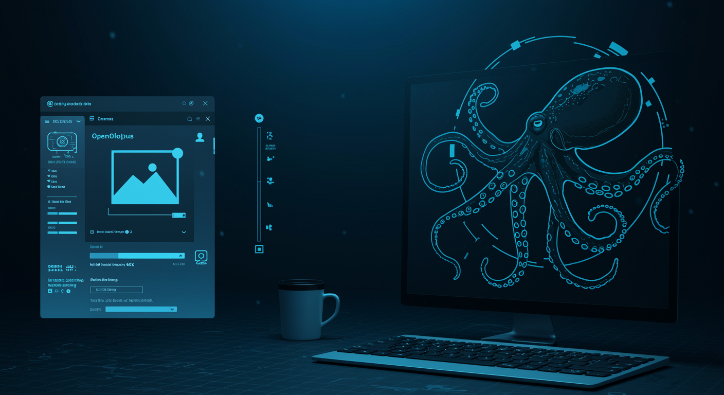 Clean blue online image editing interface showing upload area and conversational prompt panel, octopus routing visual in corner, futuristic SaaS aesthetic