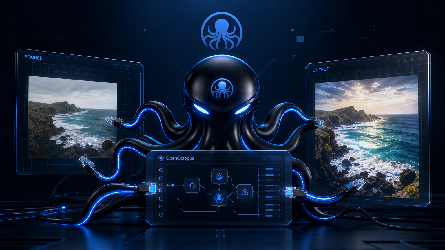 Sleek black octopus with glowing blue cable-tentacles routing photo edits through futuristic OpenOctopus interface, source image transforming into enhanced output, clean tech aesthetic