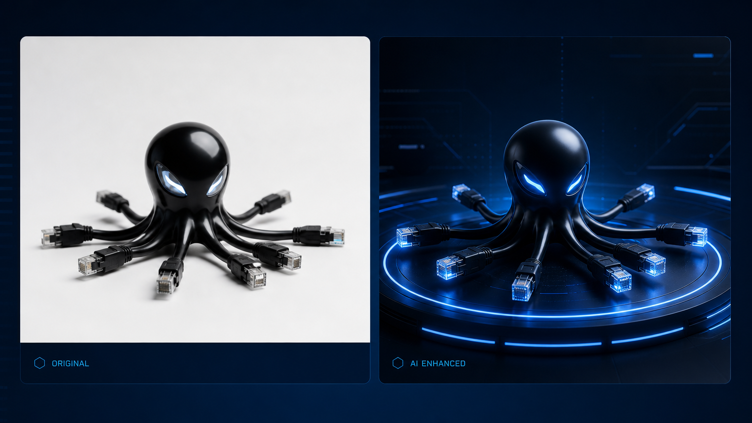 Side-by-side photo transformation showing original product photo and AI-edited version with new background and lighting, futuristic connector elements, clean tech aesthetic