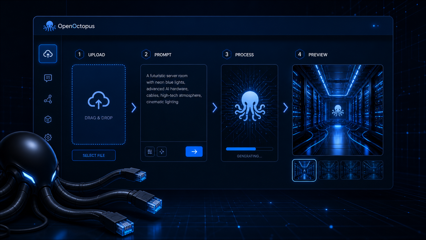 Clean blue AI photo workflow interface showing upload area, prompt panel, and preview stages, octopus routing visual in corner, futuristic SaaS aesthetic