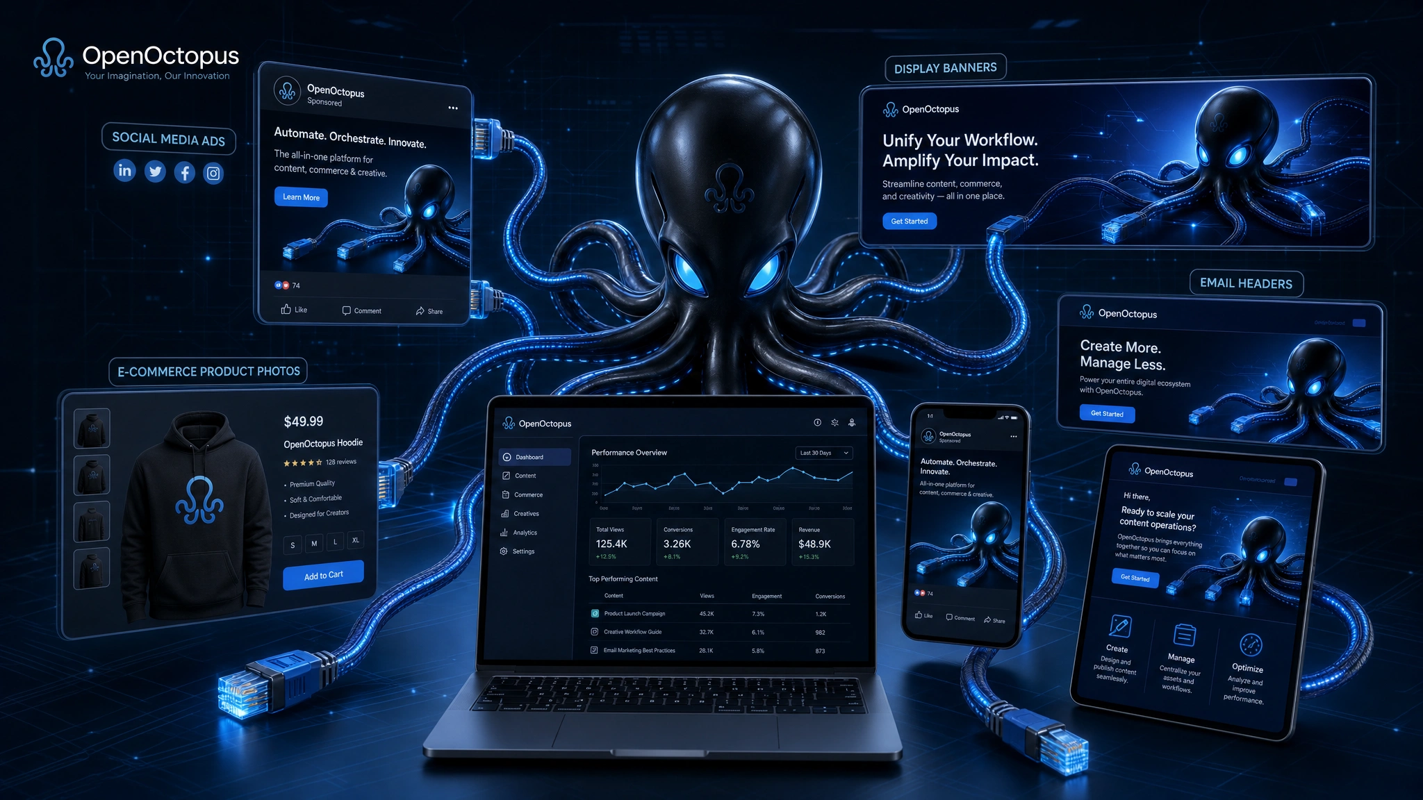 Sleek black octopus with glowing blue cable-tentacles generating brand marketing visuals across multiple screens, deep blue dark background, futuristic tech aesthetic