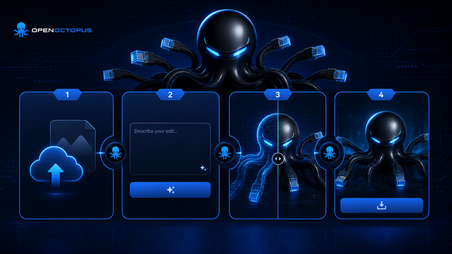 Structured blue four-step free AI picture editor workflow showing upload, prompt input, AI preview, and download stages, octopus connector nodes between steps, clean tech aesthetic