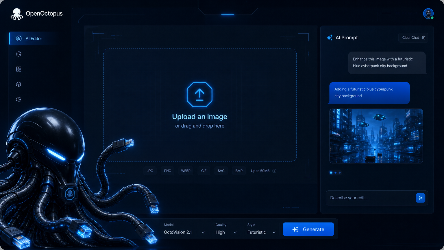 Clean blue free AI picture editor interface showing upload area and conversational prompt panel, octopus routing visual in corner, futuristic SaaS aesthetic