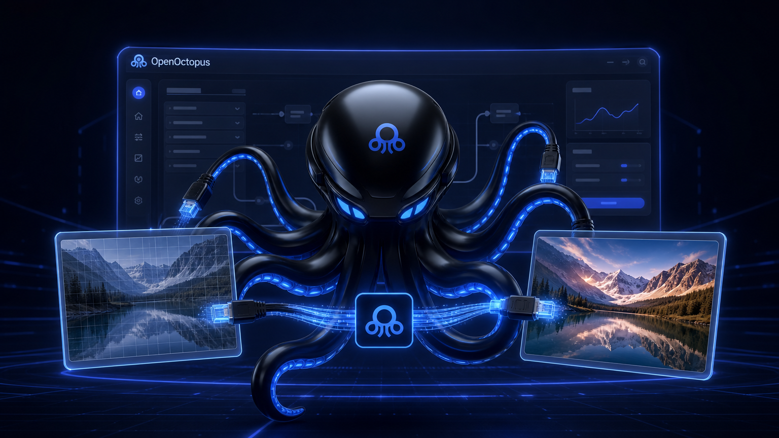 Sleek black octopus with glowing blue cable-tentacles routing photo edits through futuristic OpenOctopus interface, source image transforming into enhanced output, clean tech aesthetic